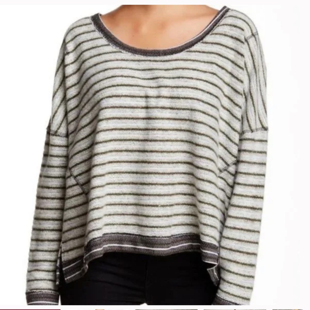 FREE PEOPLE Reverse Stripe Dolman Sweater Oversized Green Gray Cotton Medium
